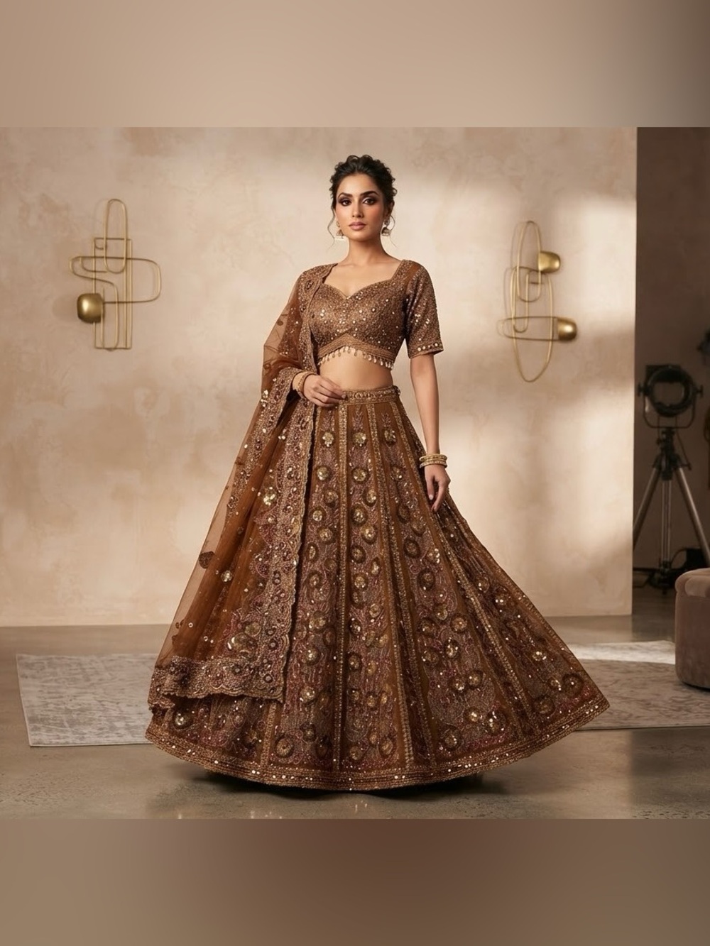 Gold-Orange Bridal Net Lehenga Set